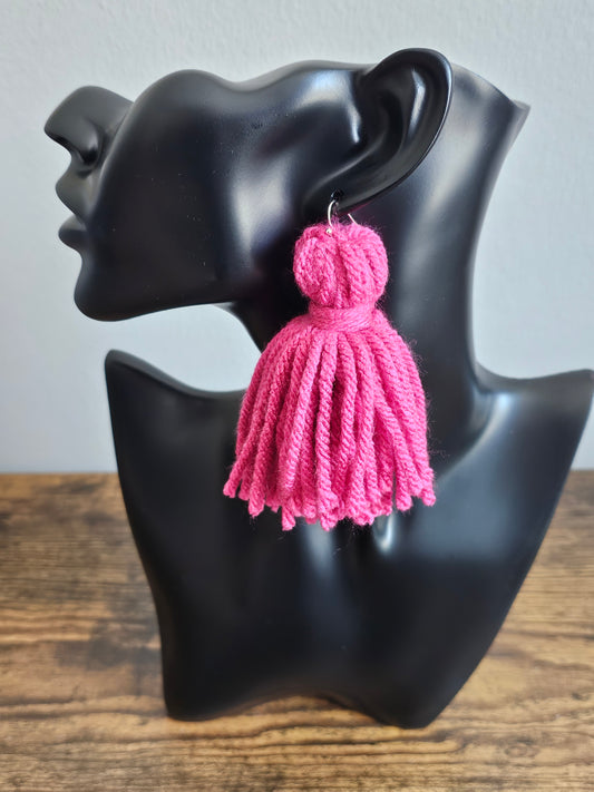 Handmade Hot Pink Yarn Tassel Drop Earrings | Statement Style