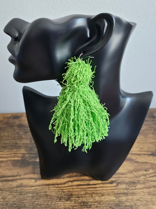Handmade Green Yarn Tassel Drop Earrings | Statement Style