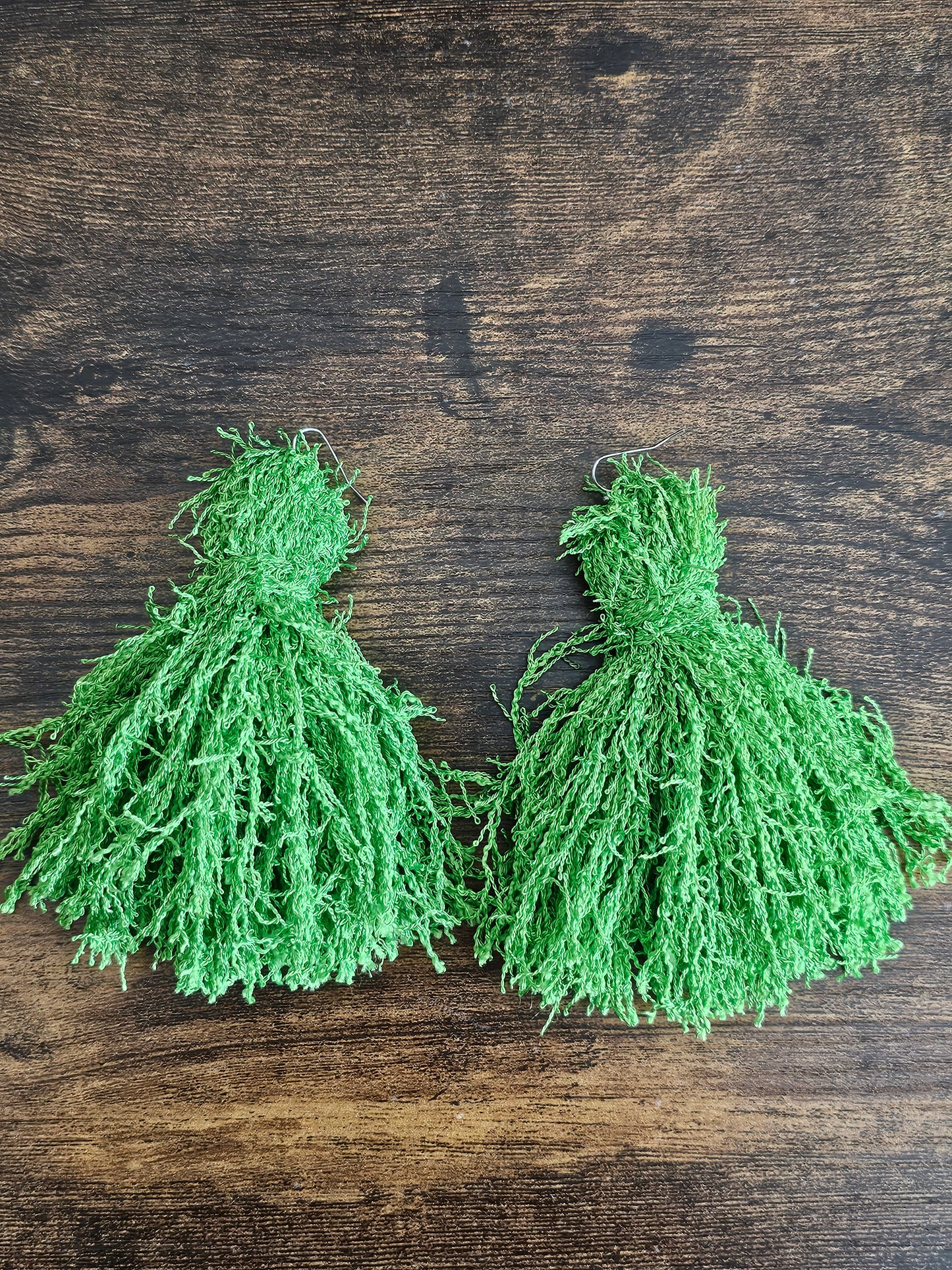 Handmade Green Yarn Tassel Drop Earrings | Statement Style