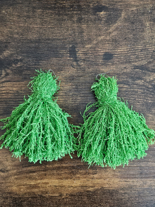 Handmade Green Yarn Tassel Drop Earrings | Statement Style