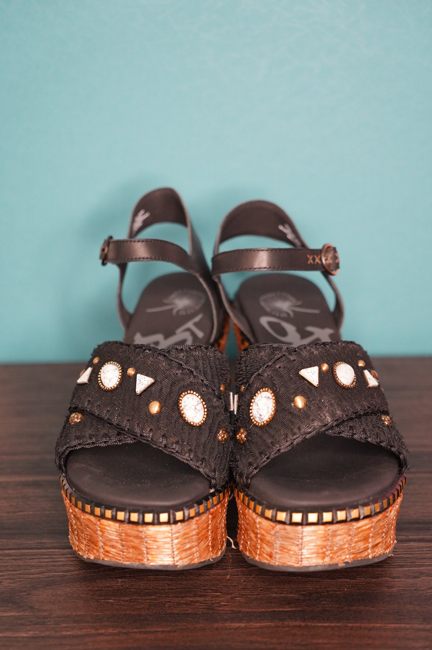 Cahoot Black Beaded Raffia Platform Wedge Sandals – Size 10