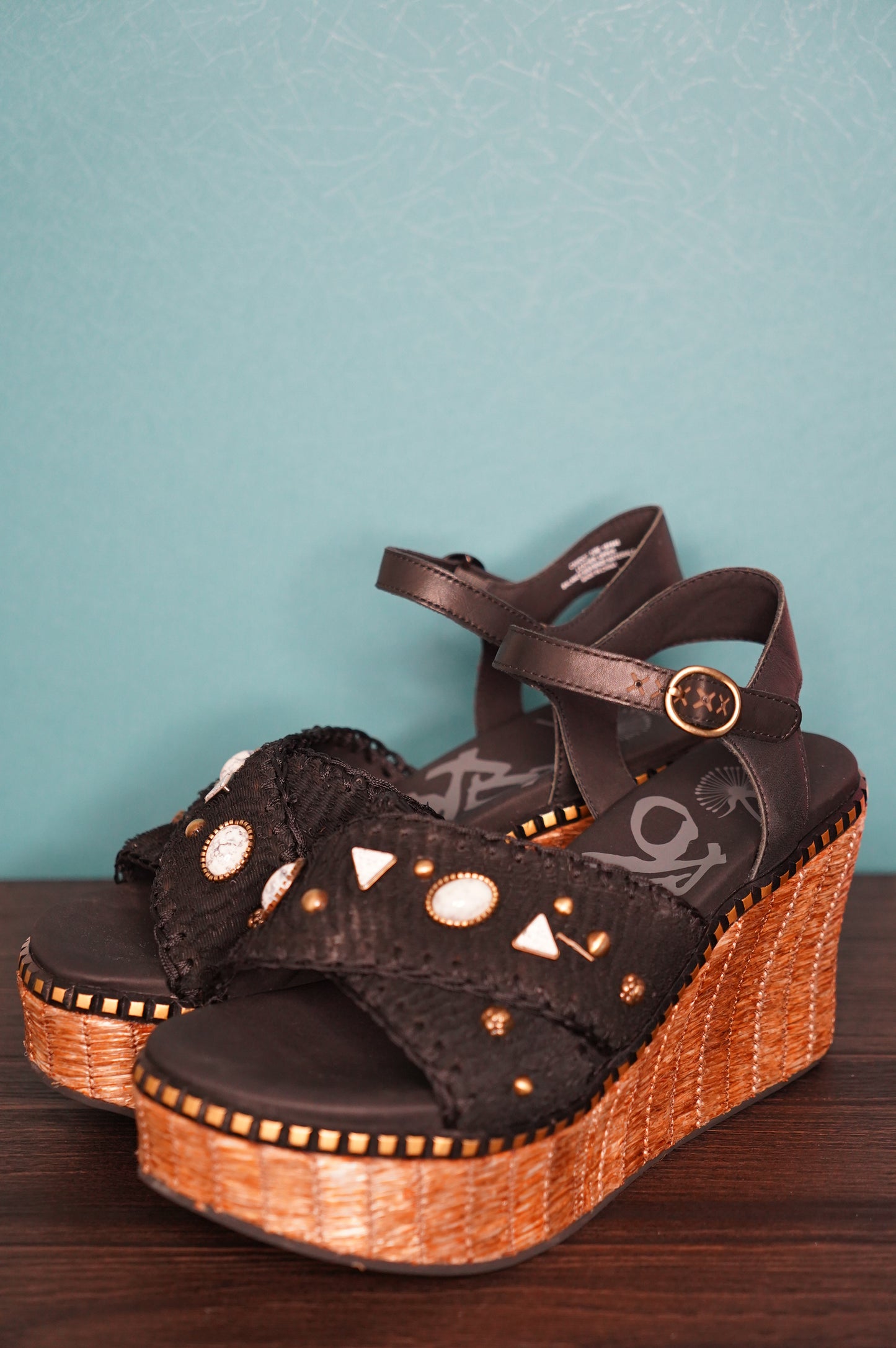 Cahoot Black Beaded Raffia Platform Wedge Sandals – Size 10