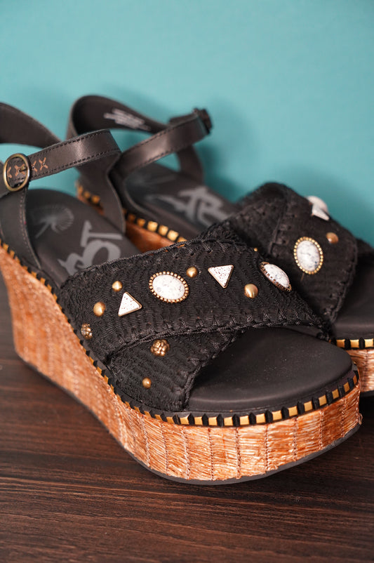 Cahoot Black Beaded Raffia Platform Wedge Sandals – Size 10