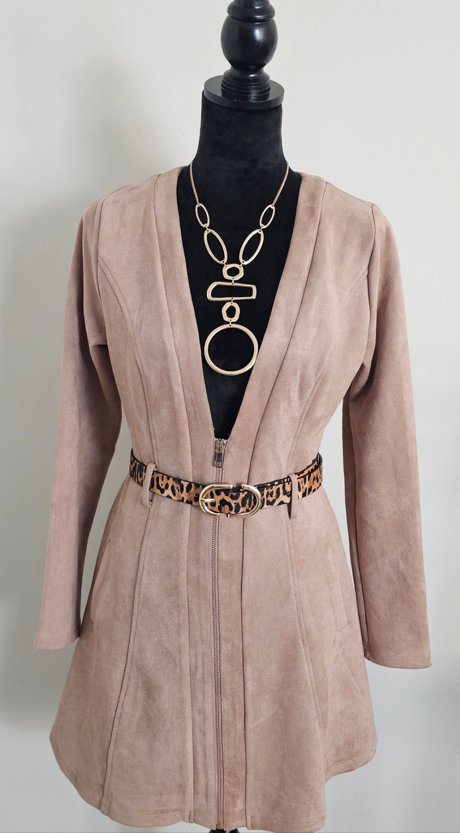 AKIRA Taupe Faux Suede Zip-Front Fit & Flare Jacket Dress | Size Medium