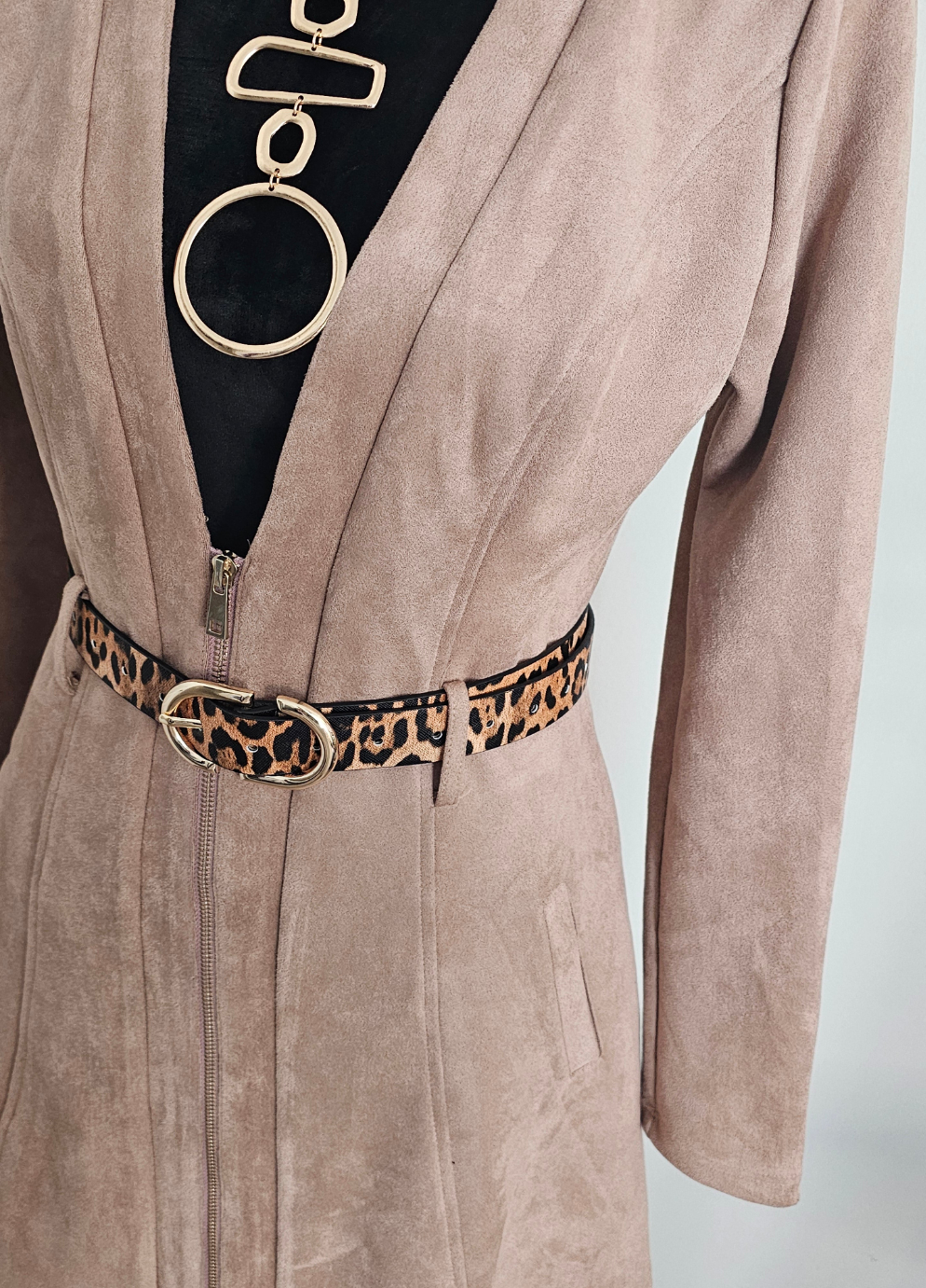 AKIRA Taupe Faux Suede Zip-Front Fit & Flare Jacket Dress | Size Medium