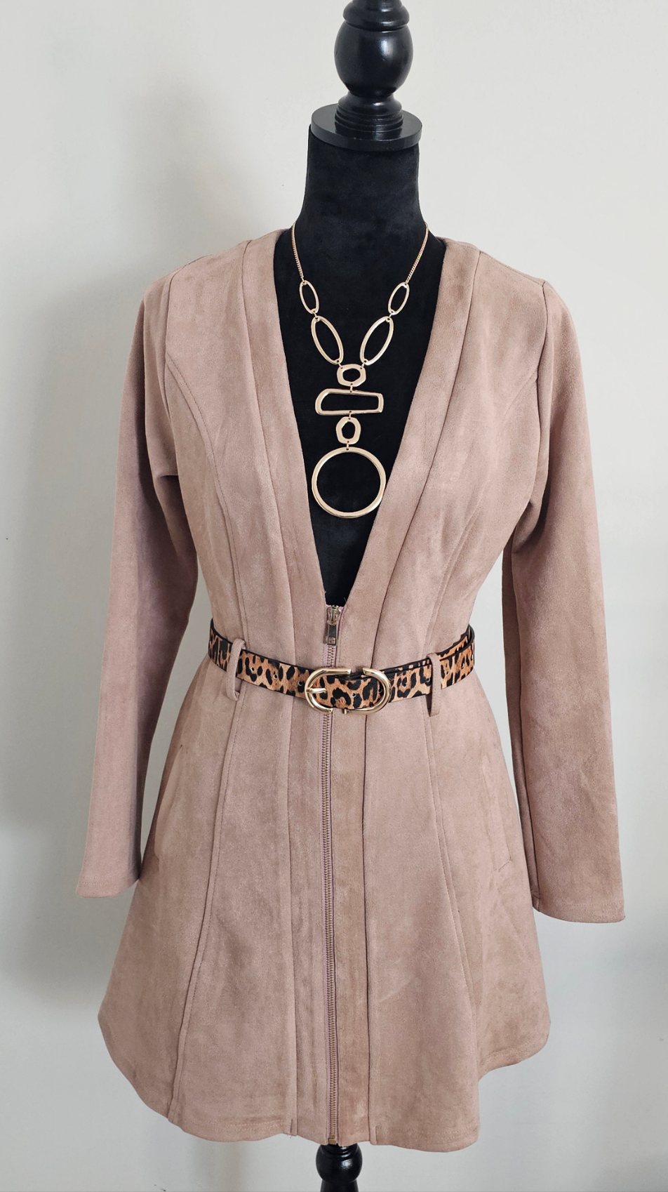 AKIRA Taupe Faux Suede Zip-Front Fit & Flare Jacket Dress | Size Medium