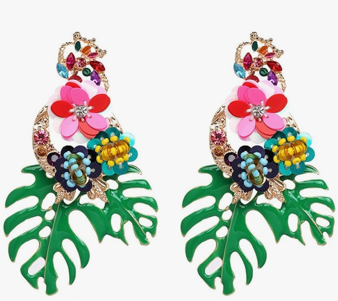 Green Floral Sequin Palm Earrings
