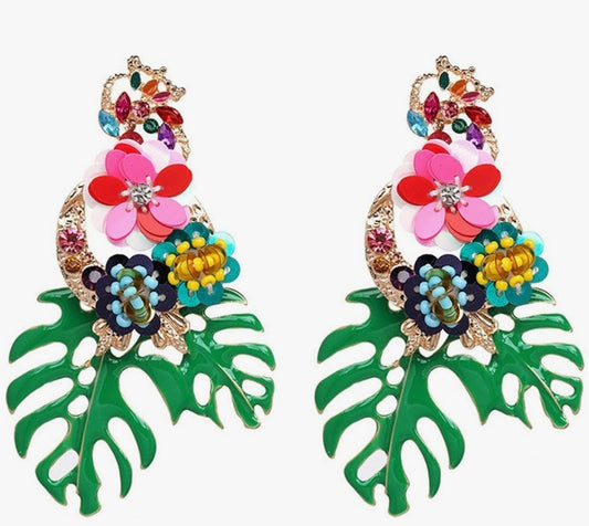 Green Floral Sequin Palm Earrings