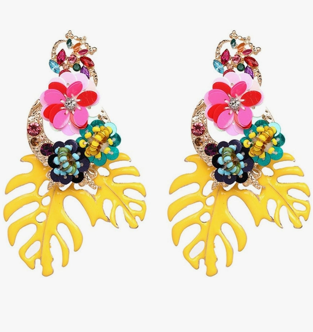 Yellow Floral Sequin Palm Statement Earrings | Multicolor
