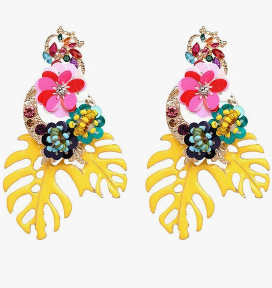 Yellow Floral Sequin Palm Statement Earrings | Multicolor
