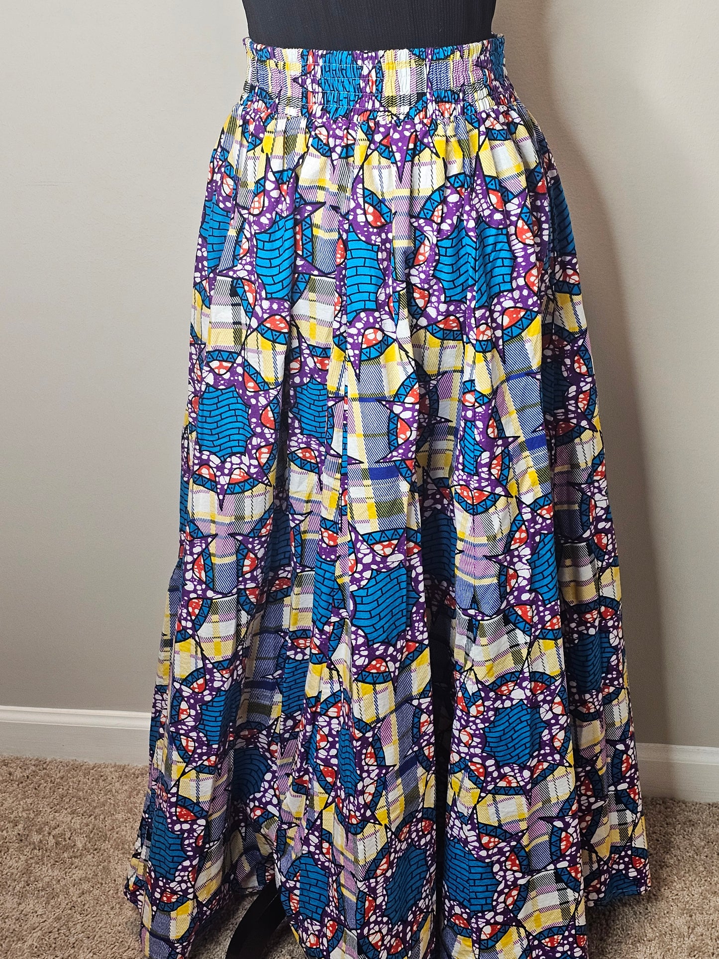 African Ankara Maxi Skirt | Multicolor Elastic Waist Statement Skirt | Size Large