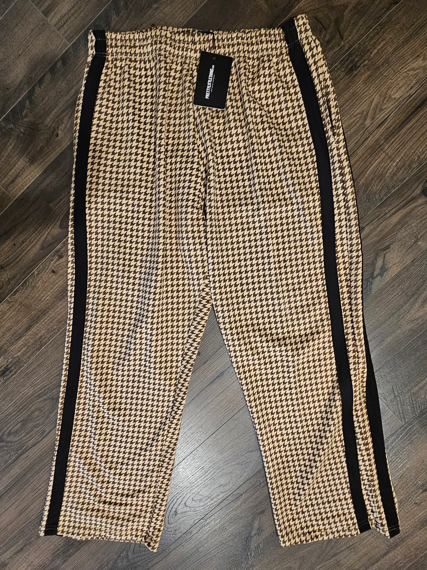 PrettyLittleThing Houndstooth Wide Leg Pants Brown & Cream Stripe High Waist NWT Size 16 XLarge