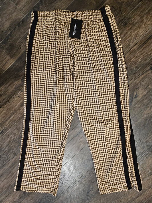 PrettyLittleThing Houndstooth Wide Leg Pants Brown & Cream Stripe High Waist NWT Size 16 XLarge