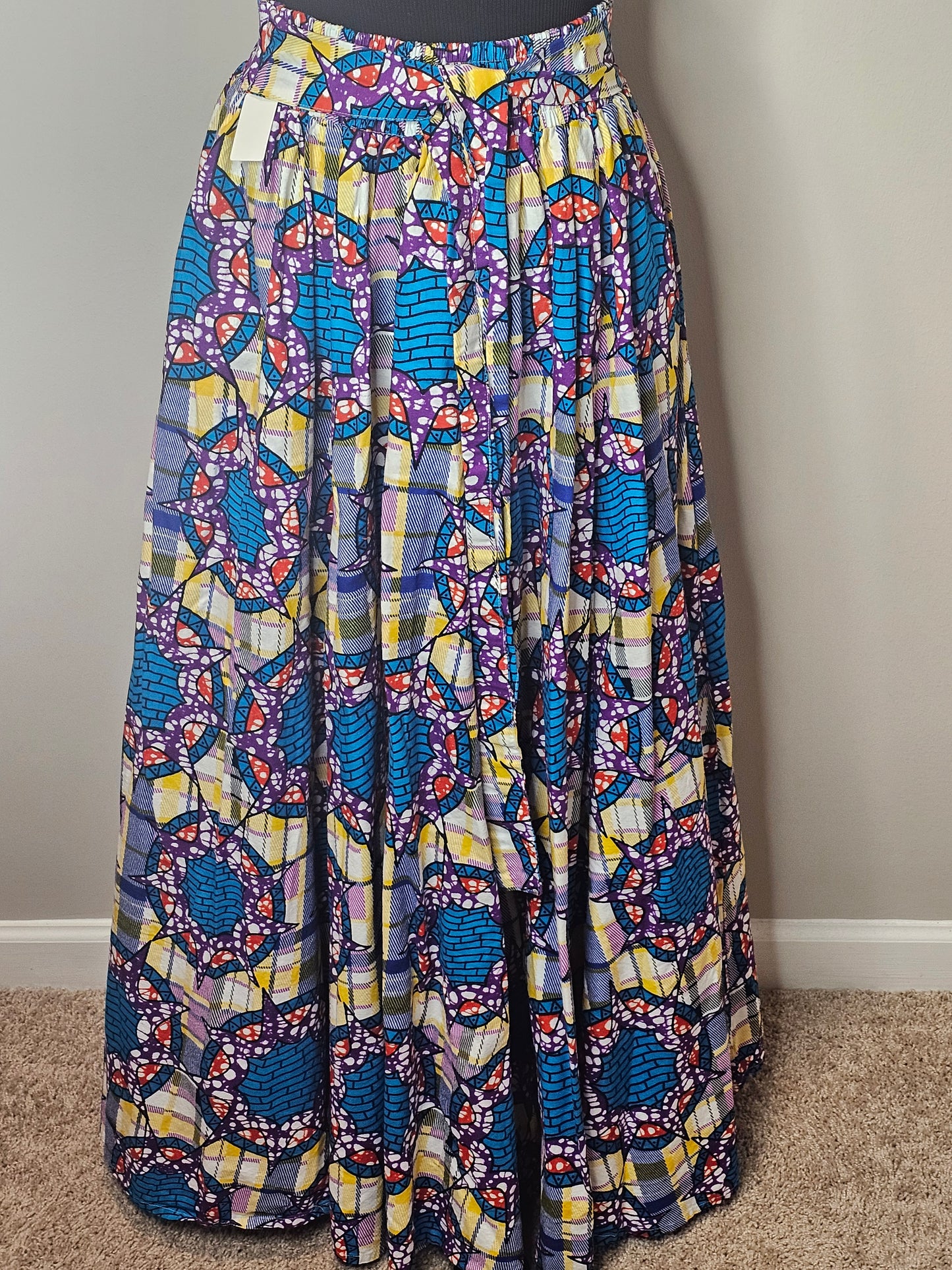 African Ankara Maxi Skirt | Multicolor Elastic Waist Statement Skirt | Size Large