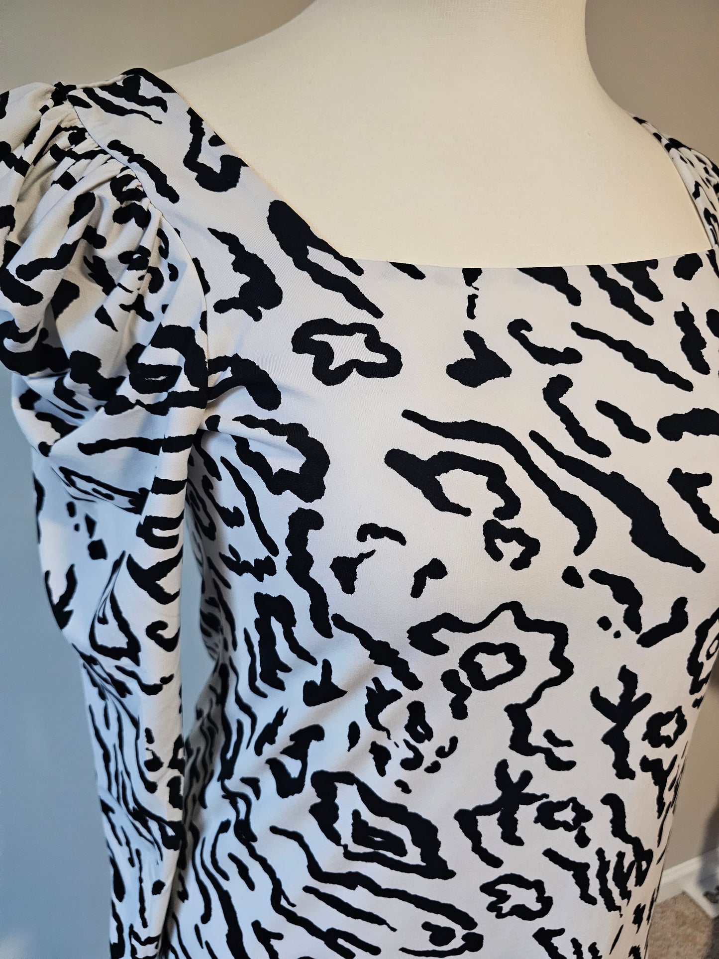 Eloquii Black White Animal Print Dress | Puff Sleeve Stretch Midi Size 16 XLarge