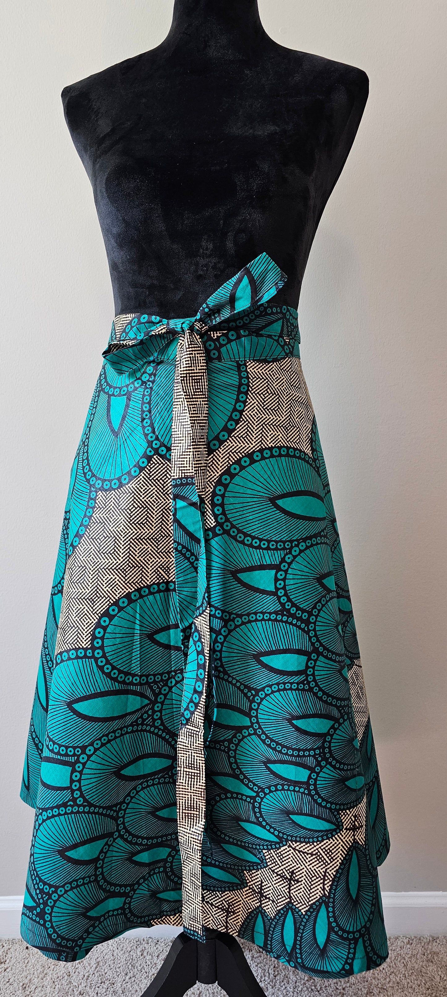 Authentic Ankara Wrap Skirt – Teal & Neutral African Wax Cotton |Fits Size Small to XXLarge