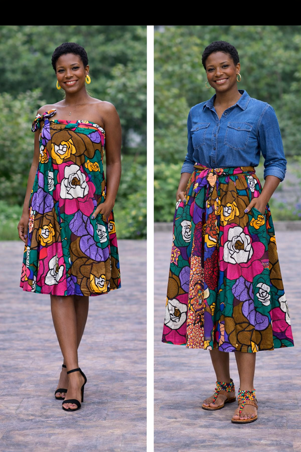 Authentic Ankara Floral Convertible Wrap Skirt |African Wax Cotton | Size Small - XXLarge