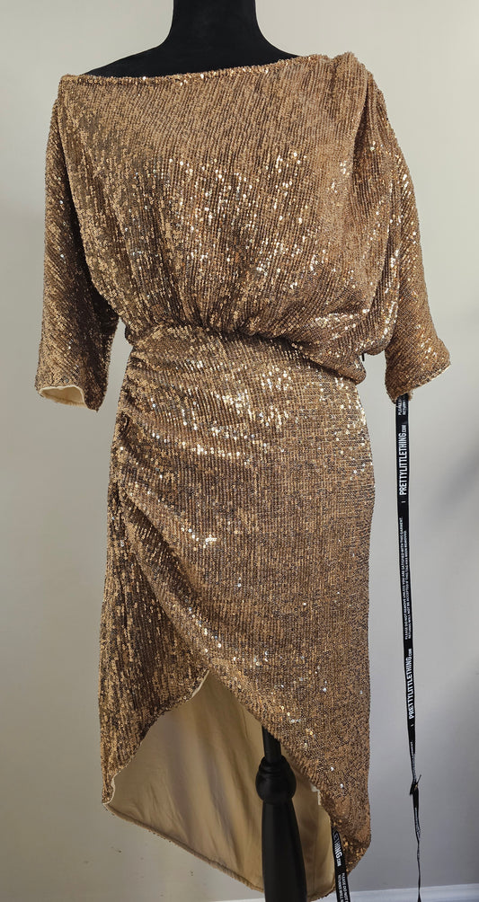 PrettyLittleThing Gold Sequin Midi Dress  Asymmetrical Hem Draped Evening NWT| Size 6 Small