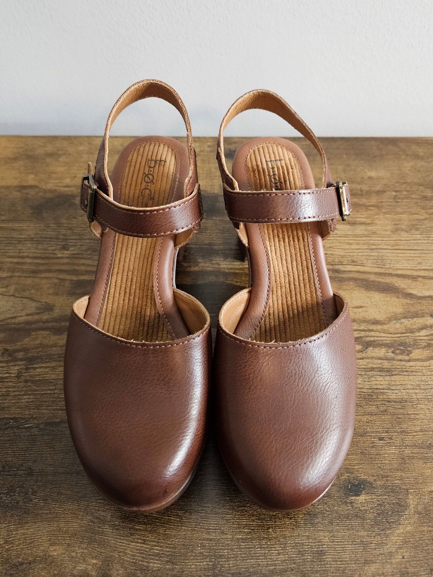 BOC Natasha Brown Leather Ankle-Strap Clog Heels | Size 7