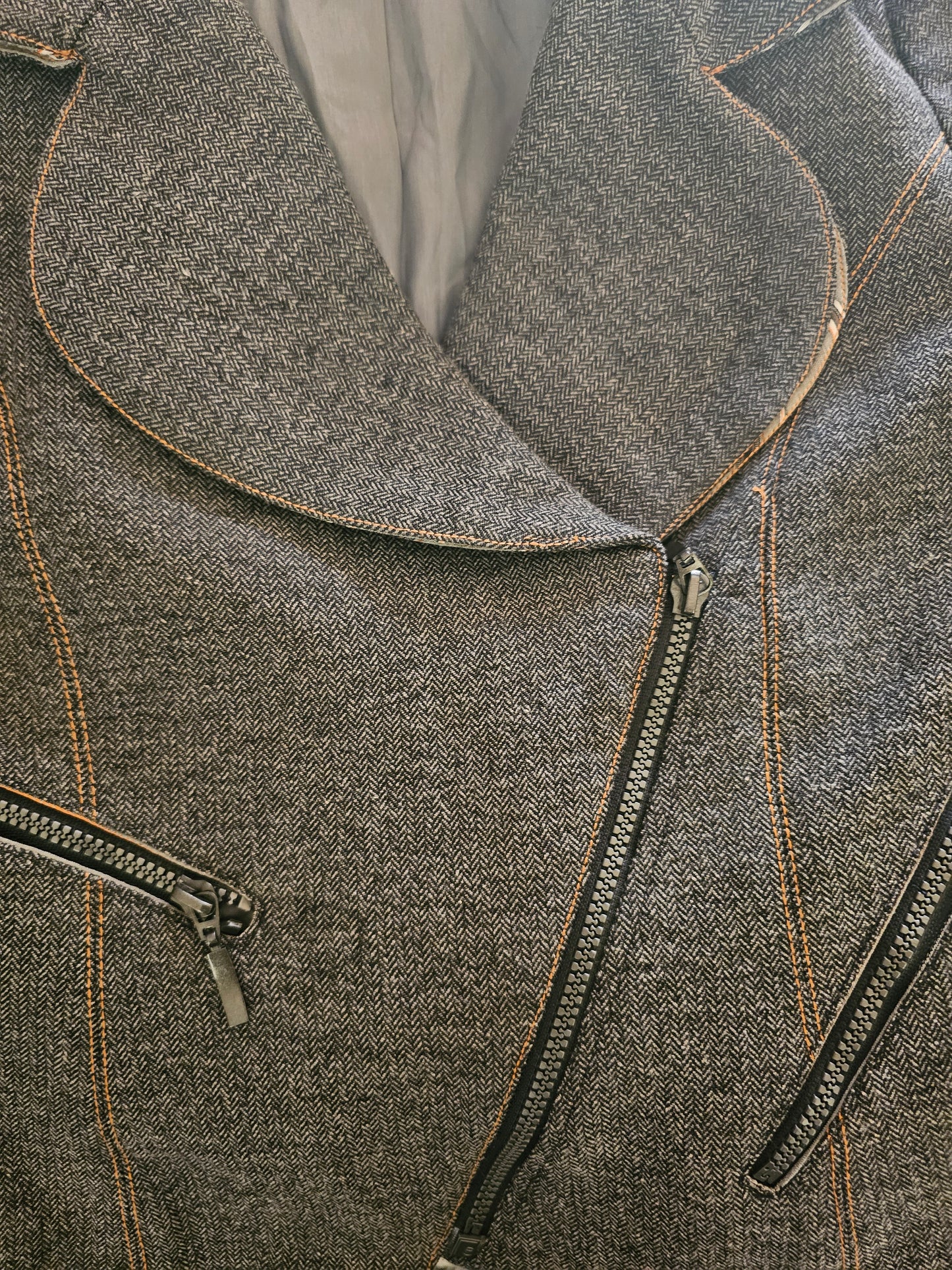 Femme Je Vous Aime Moto Jacket Gray Herringbone Zip Front|Size Medium
