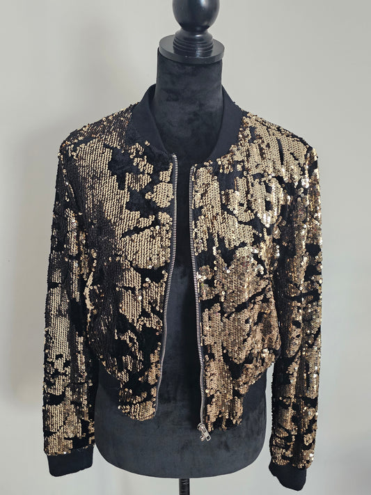 Forever 21 Black & Gold Sequin Bomber Jacket |Size Medium
