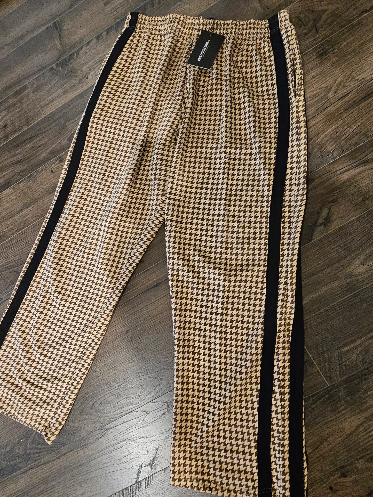 PrettyLittleThing Houndstooth Wide Leg Pants Brown & Cream Stripe High Waist NWT Size 16 XLarge