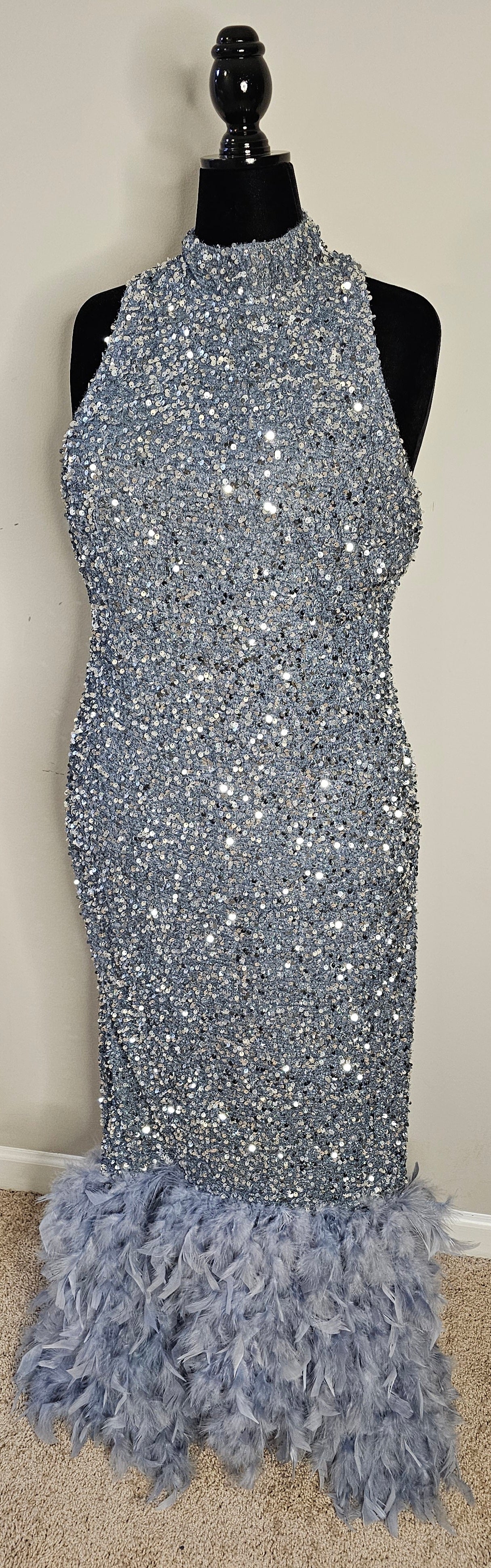 Fashion Nova Zoey Feathered Sequin Gown Grey Size 2X