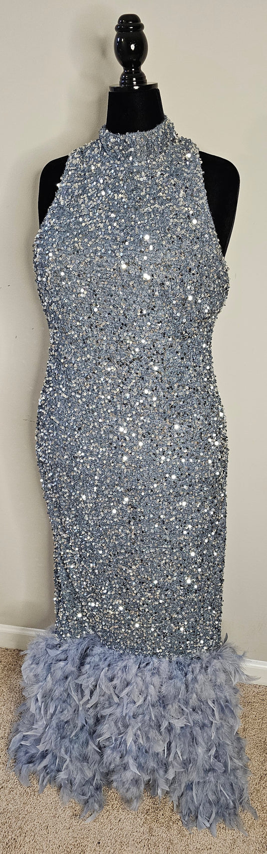 Fashion Nova Zoey Feathered Sequin Gown Grey Size 2X