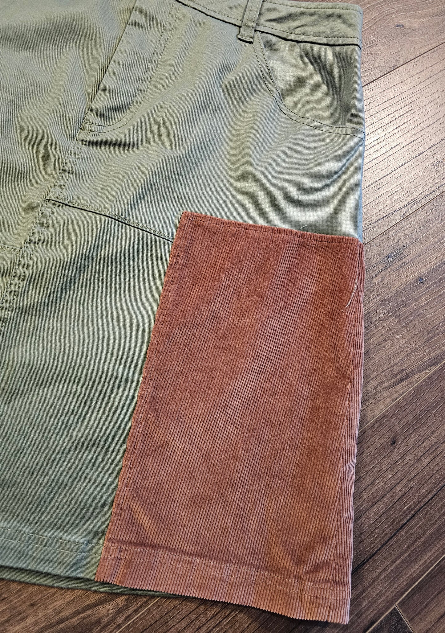 Meadow Rue Patchwork Mini Skirt | Olive Corduroy Quilted Detail Size 8 Medium