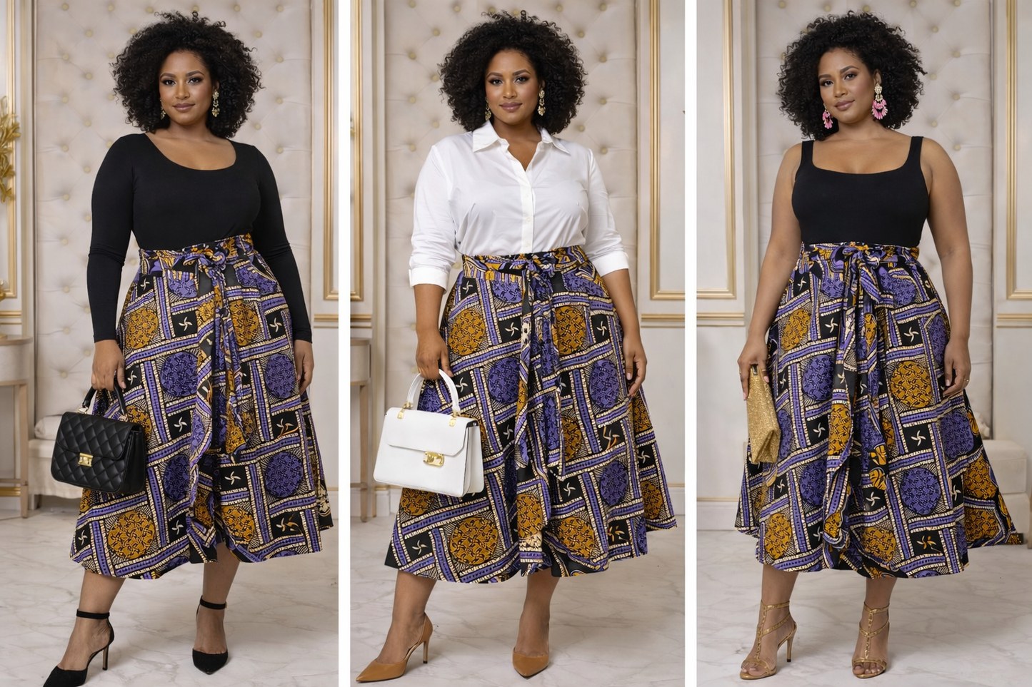 Authentic Ankara Wrap Skirt Purple & Gold African Wax Cotton | Fits Size Small to XXLarge