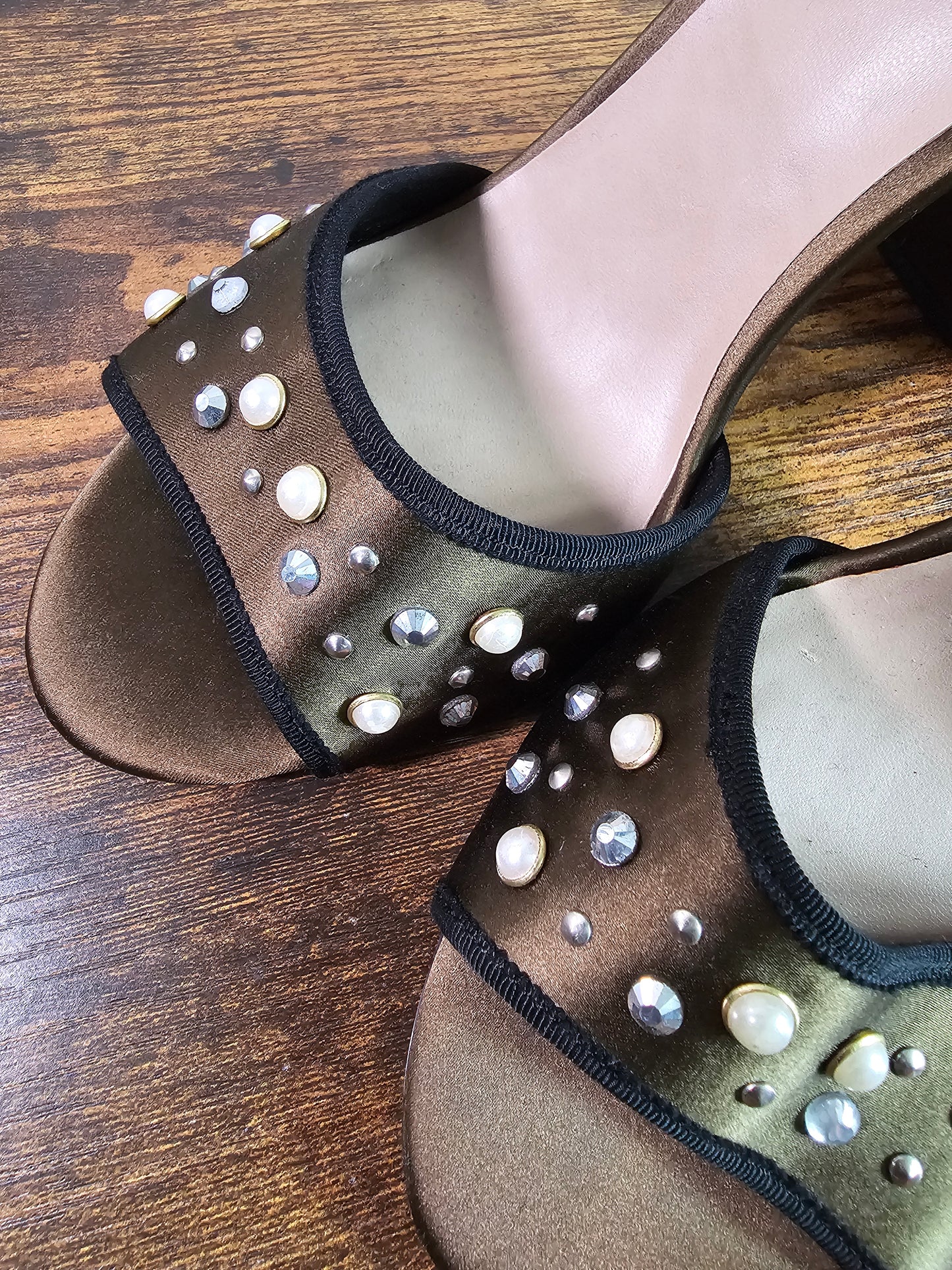 Mix No. 6 Olive Green Embellished Ankle Strap Block Heels | Size 10
