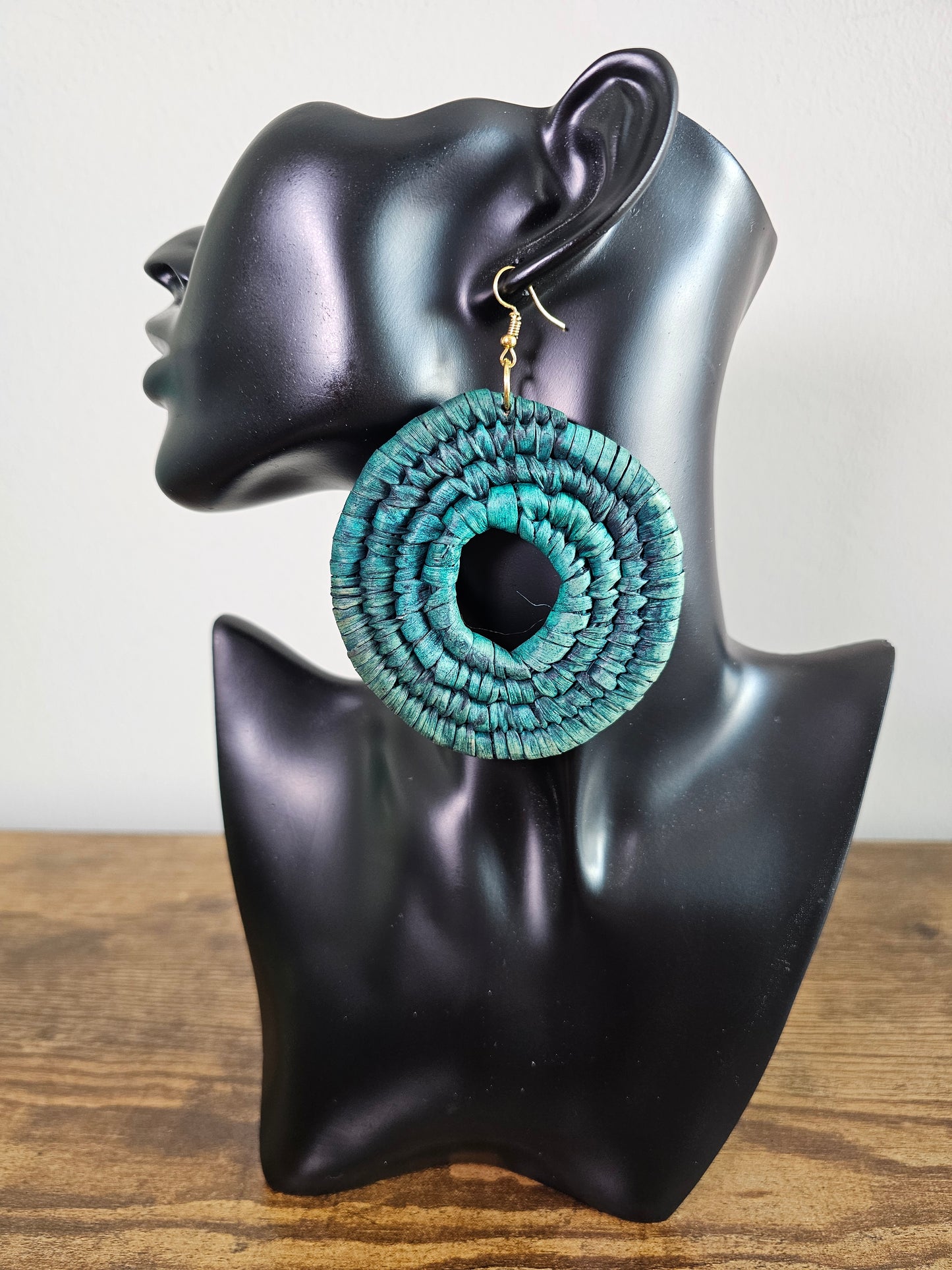 African Raffia Wrapped Statement Earrings – 3" Round Teal Hoop