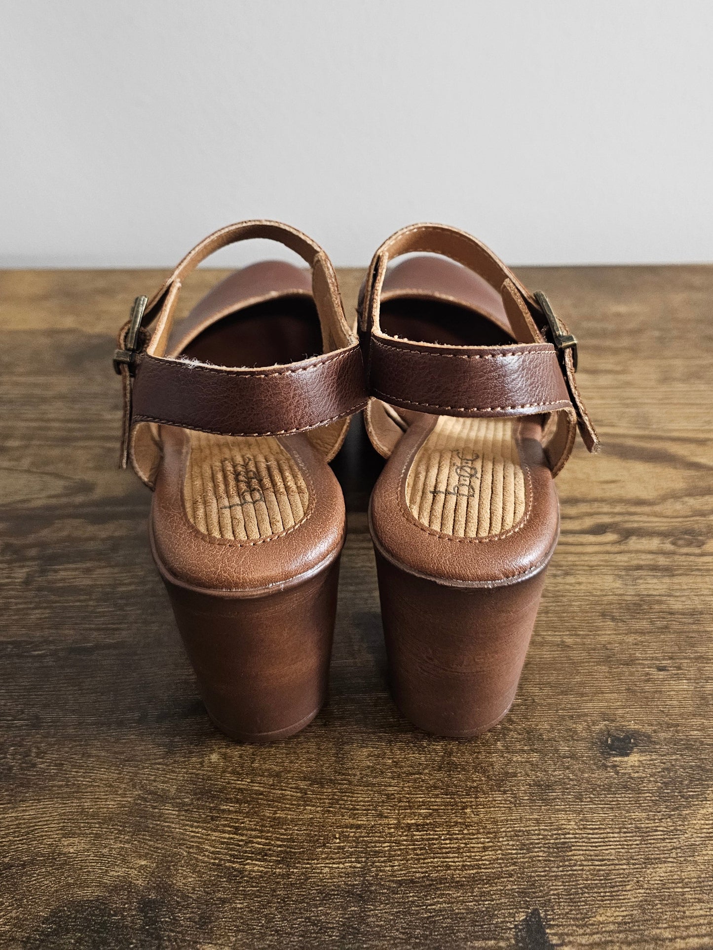 BOC Natasha Brown Leather Ankle-Strap Clog Heels | Size 7