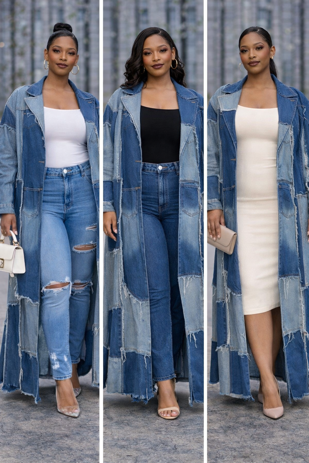 Fashion Nova Don’t Talk Loud Patchwork Denim Trench Coat | Vintage Wash Size L Fits up to 2X