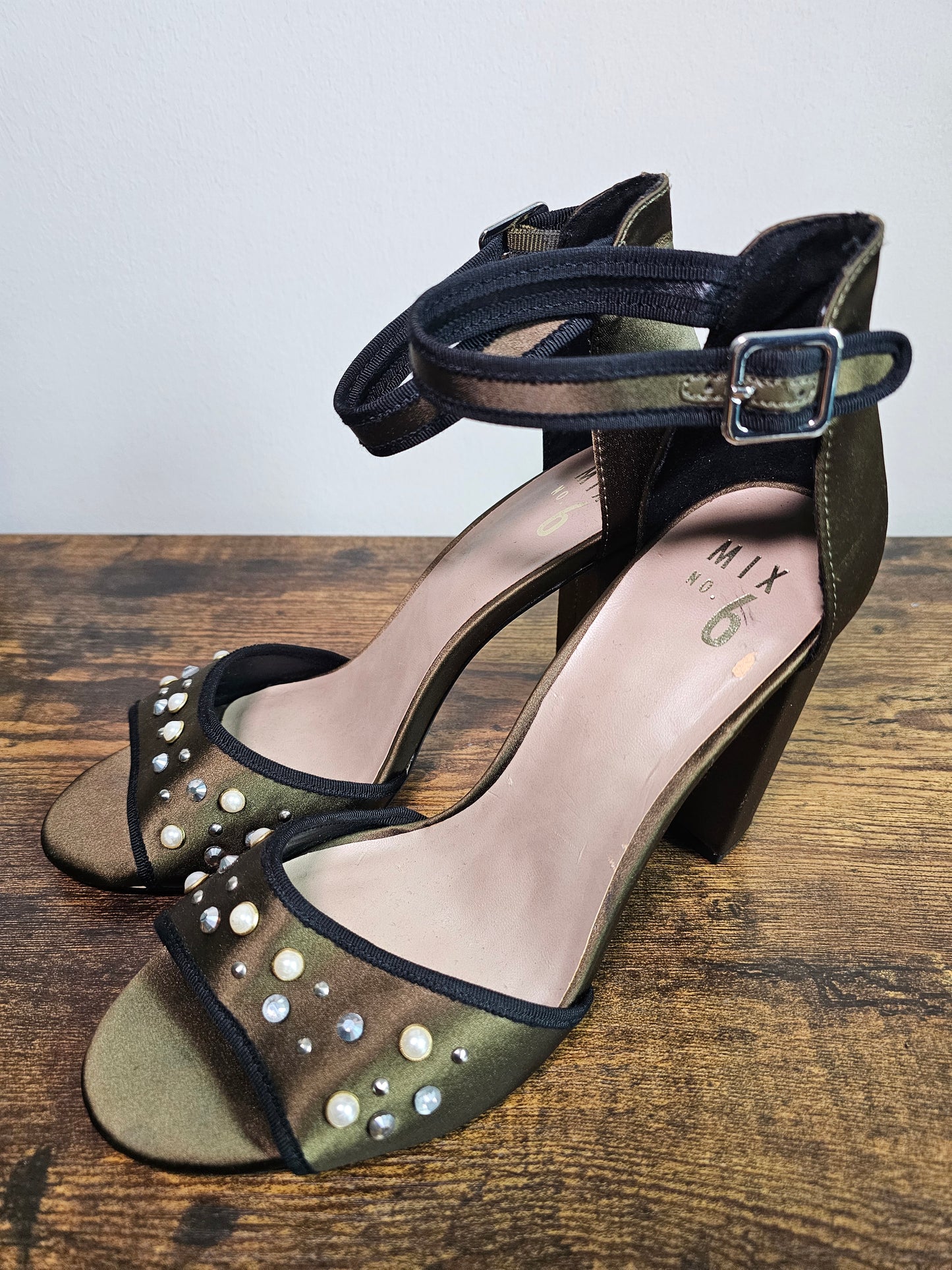 Mix No. 6 Olive Green Embellished Ankle Strap Block Heels | Size 10