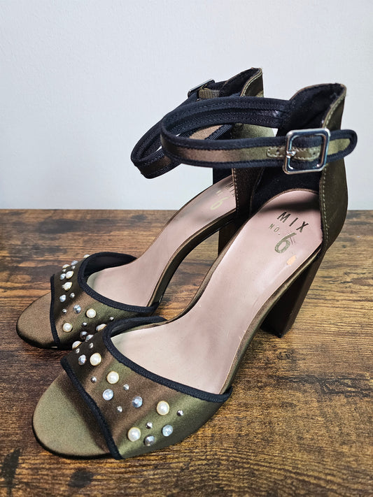 Mix No. 6 Olive Green Embellished Ankle Strap Block Heels | Size 10