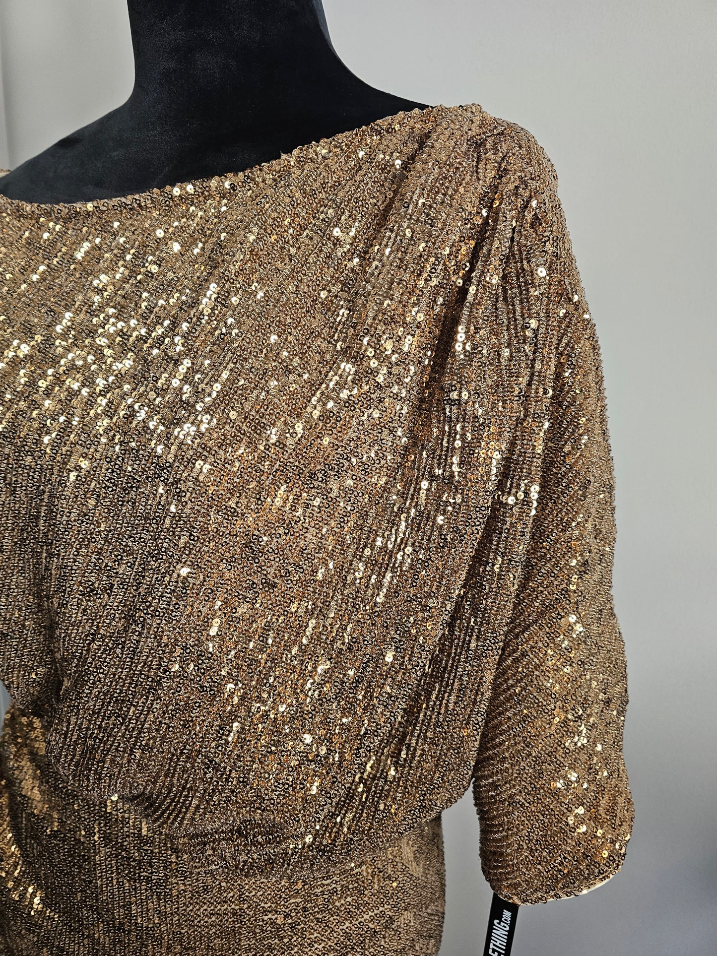 PrettyLittleThing Gold Sequin Midi Dress  Asymmetrical Hem Draped Evening NWT| Size 6 Small