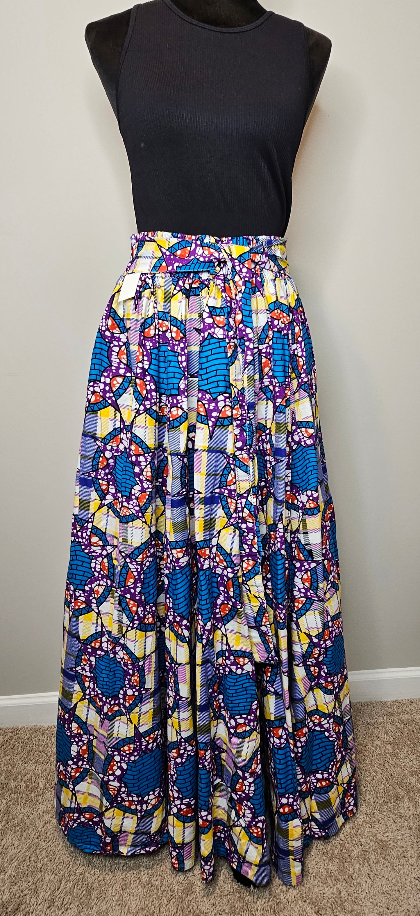 African Ankara Maxi Skirt | Multicolor Elastic Waist Statement Skirt | Size Large