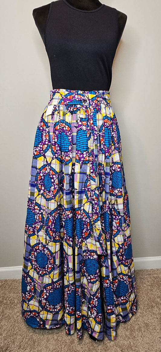 African Ankara Maxi Skirt | Multicolor Elastic Waist Statement Skirt | Size Large