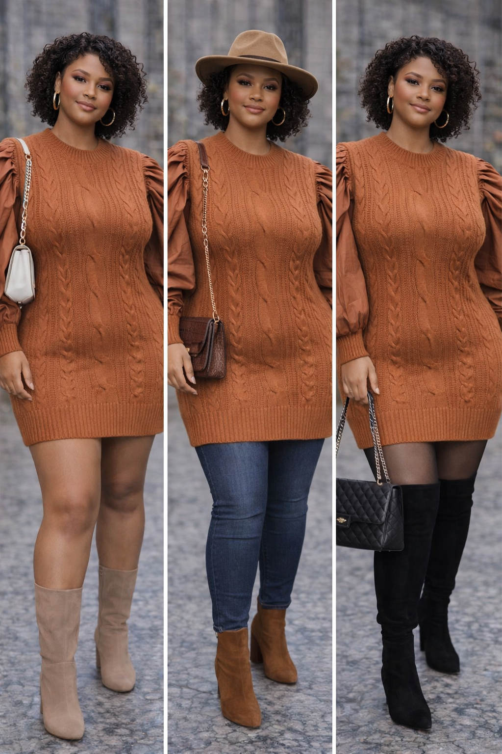 Fashion Nova Cable Knit Sweater Dress |Rust Puff Sleeve Stretch Mini| Size 2X