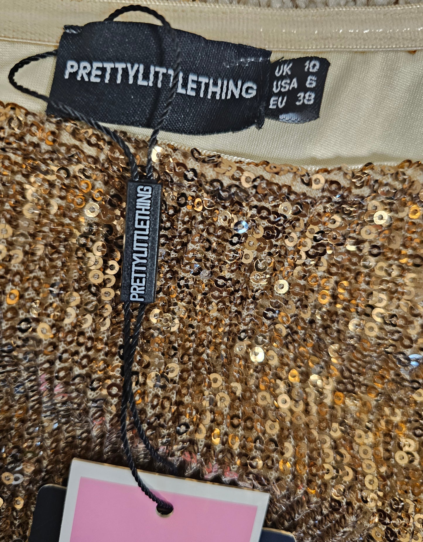PrettyLittleThing Gold Sequin Midi Dress  Asymmetrical Hem Draped Evening NWT| Size 6 Small
