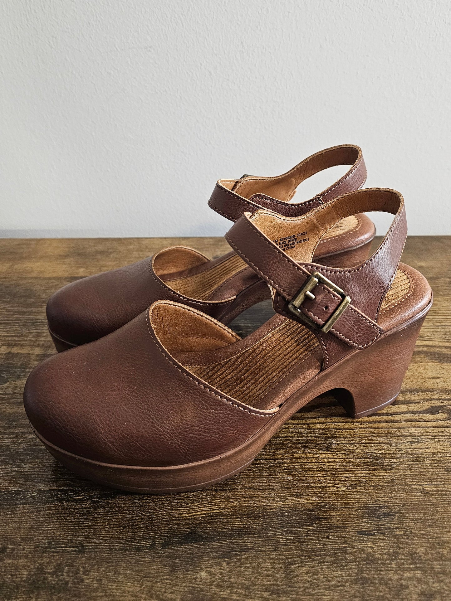 BOC Natasha Brown Leather Ankle-Strap Clog Heels | Size 7