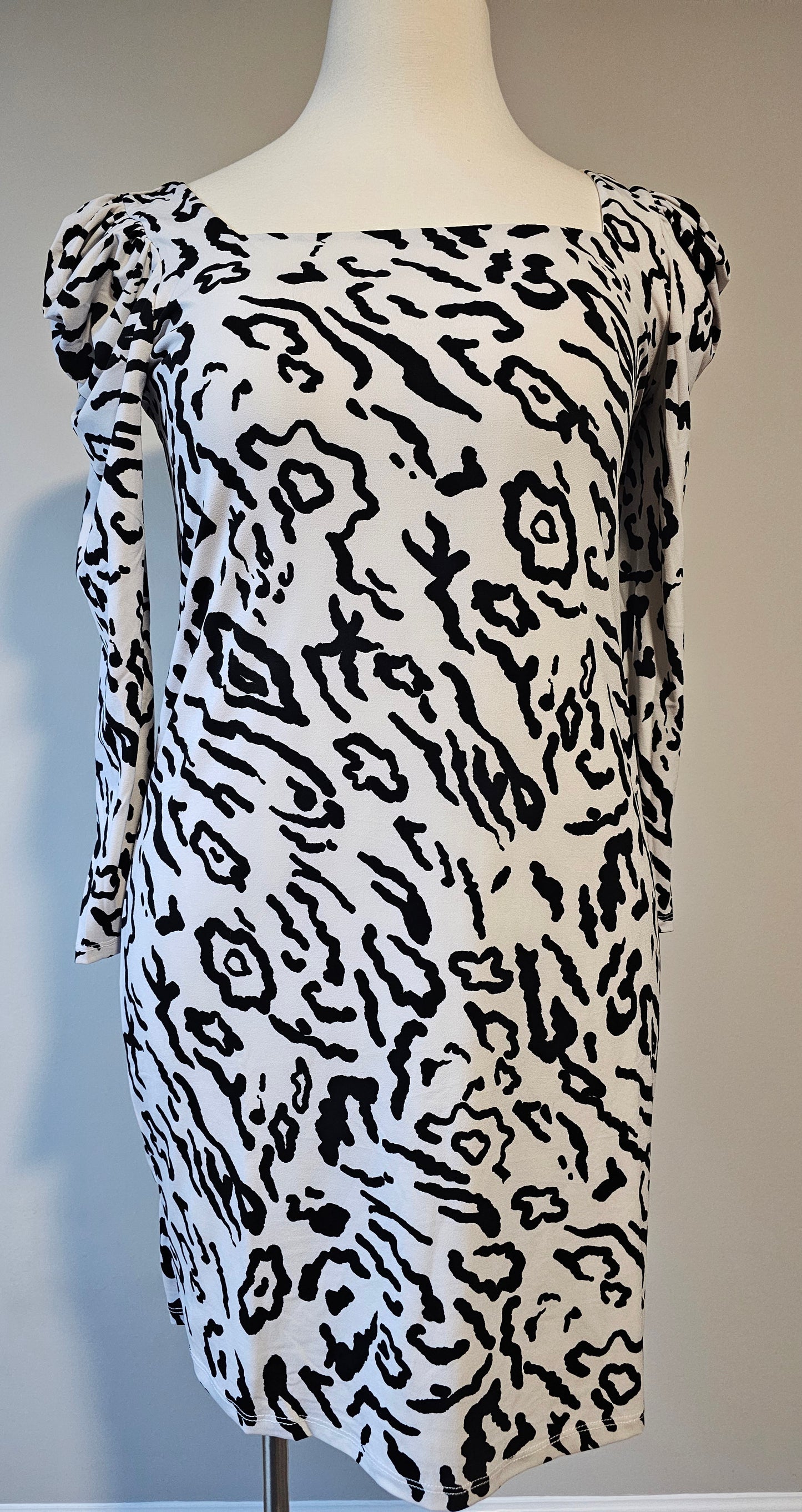 Eloquii Black White Animal Print Dress | Puff Sleeve Stretch Midi Size 16 XLarge