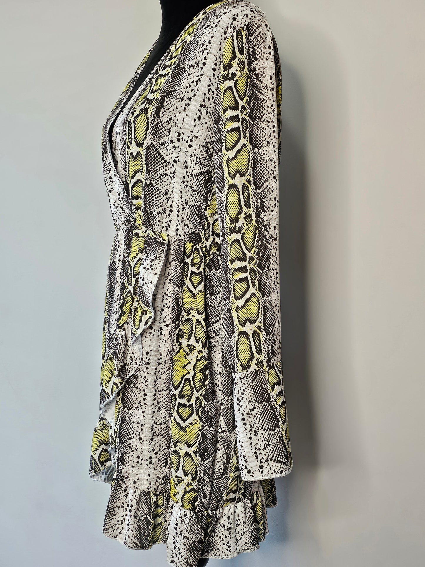 Boohoo Snake Print Wrap Dress with Ruffle Hem | Size Large