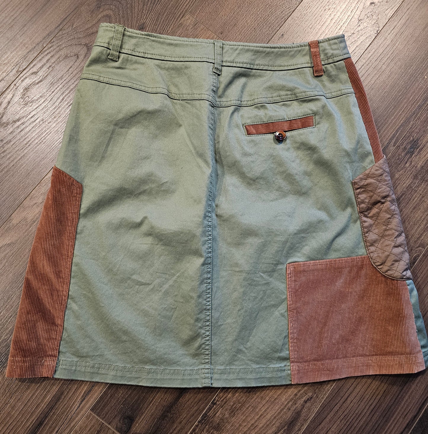 Meadow Rue Patchwork Mini Skirt | Olive Corduroy Quilted Detail Size 8 Medium