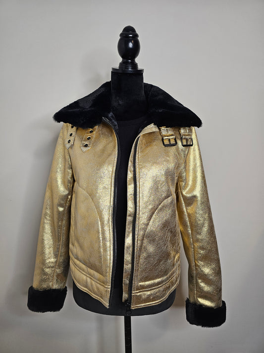DIVIDED H&M Gold Faux Leather Moto Jacket Black Faux Fur Collar |Size 8 Medium