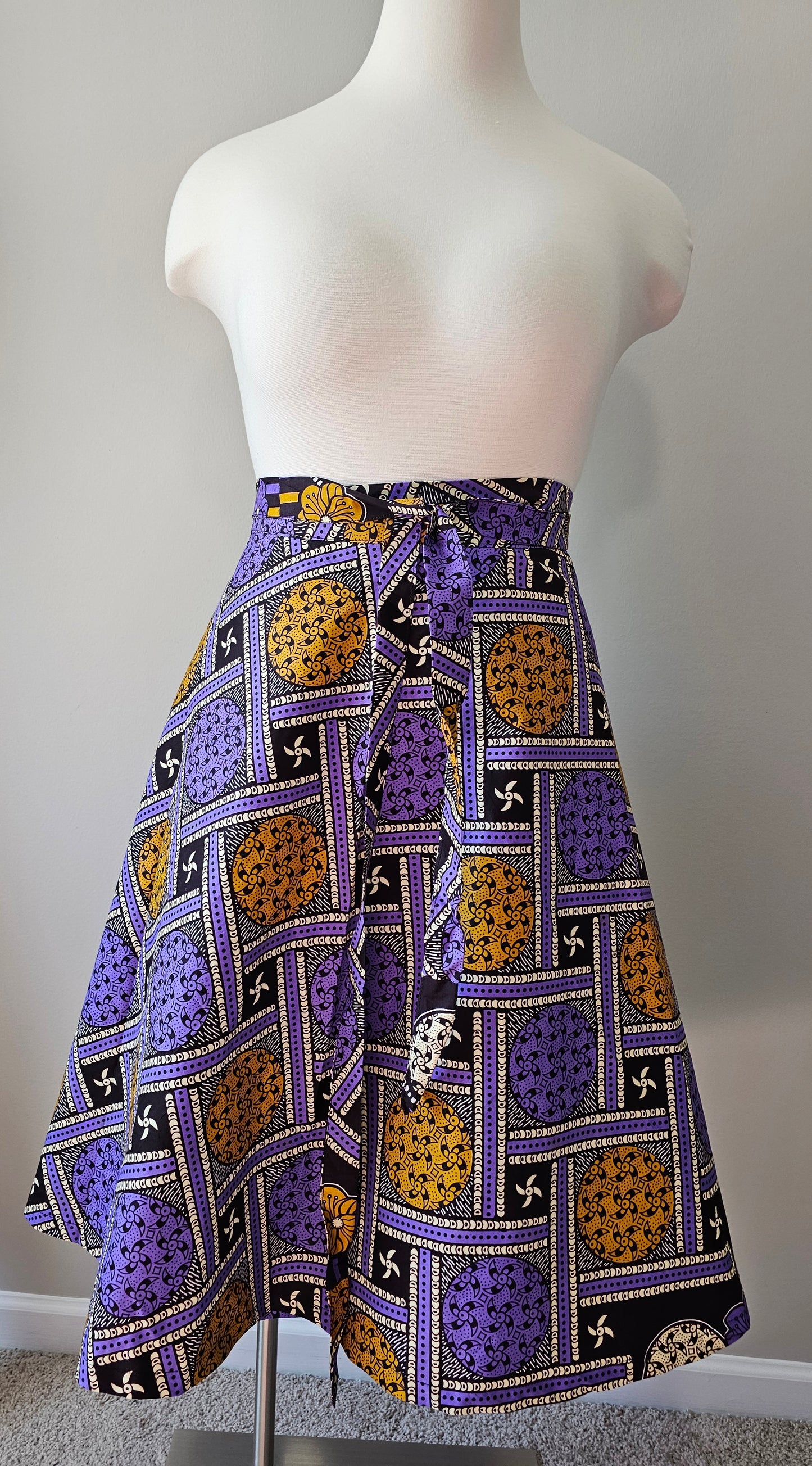 Authentic Ankara Wrap Skirt Purple & Gold African Wax Cotton | Fits Size Small to XXLarge