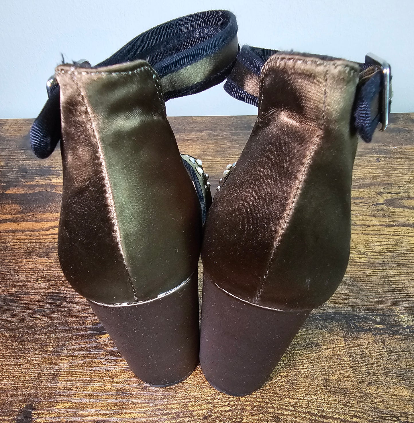 Mix No. 6 Olive Green Embellished Ankle Strap Block Heels | Size 10