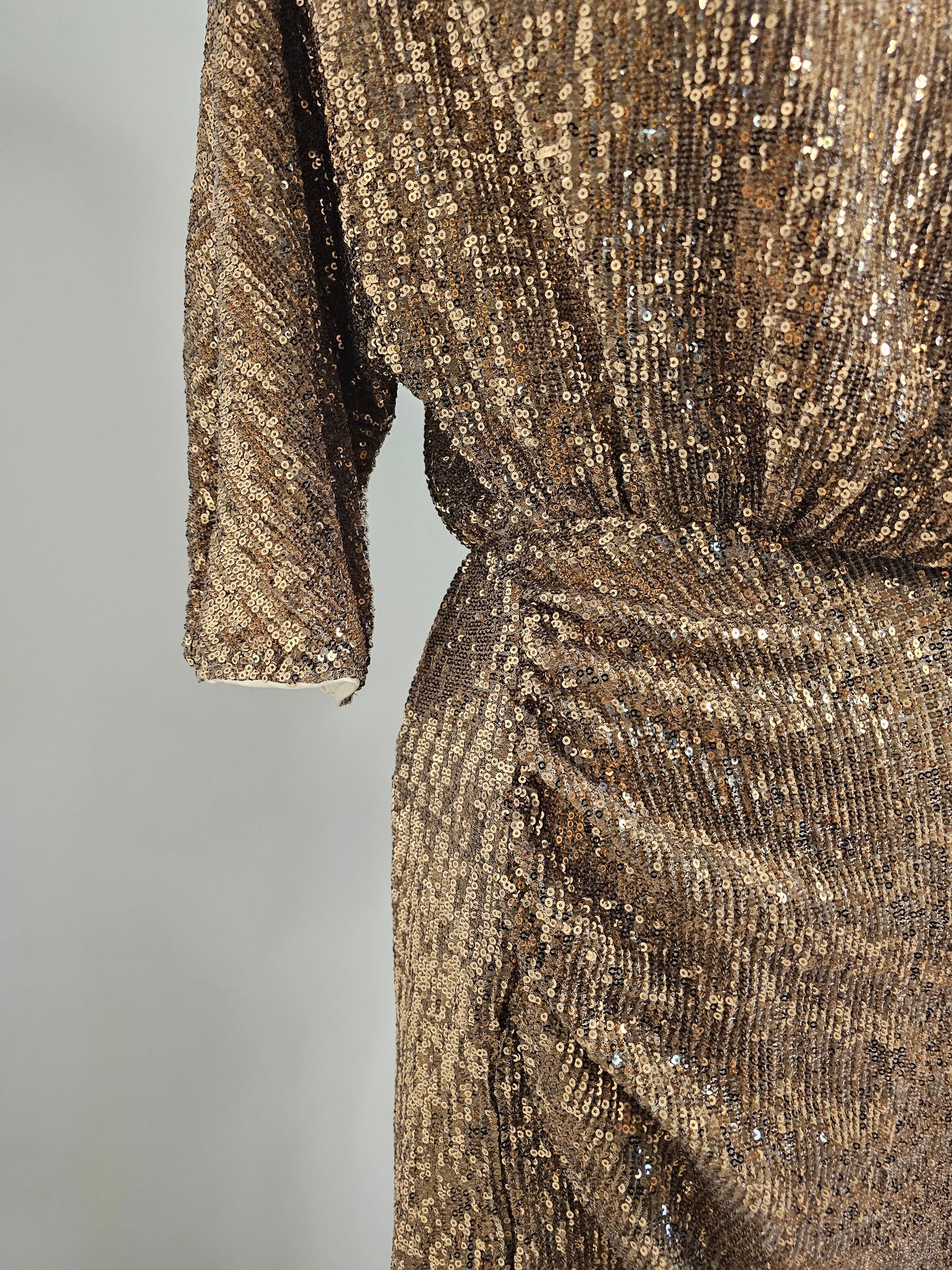PrettyLittleThing Gold Sequin Midi Dress  Asymmetrical Hem Draped Evening NWT| Size 6 Small