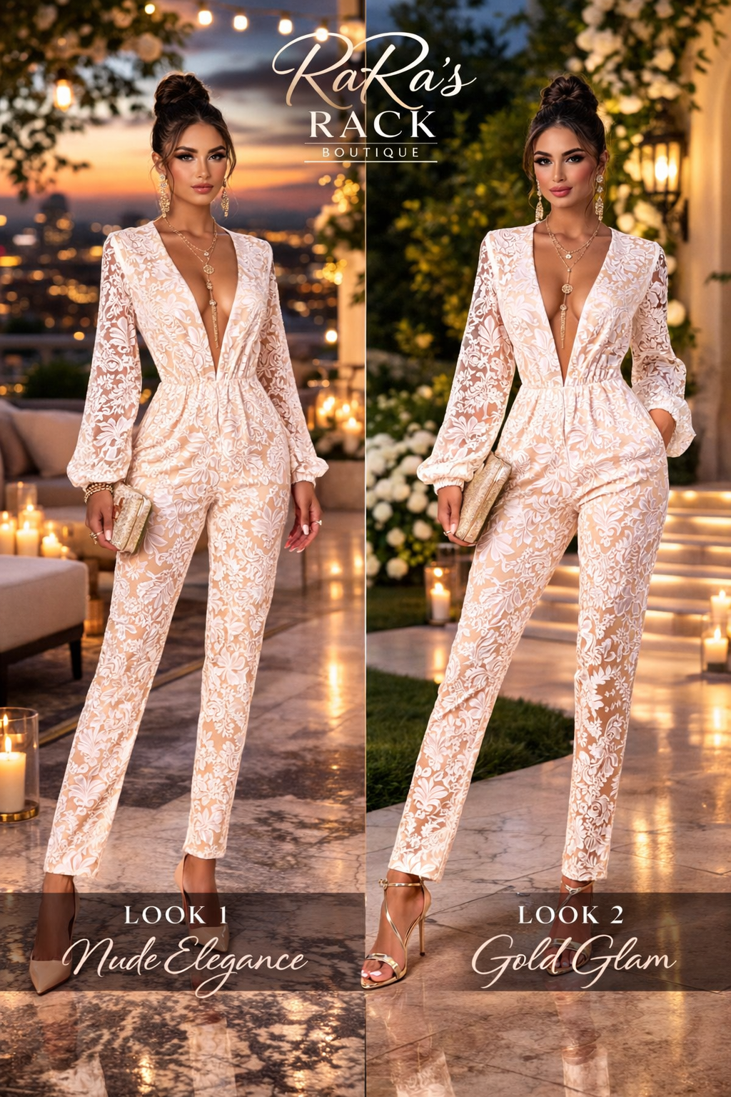 PrettyLittleThing White Lace Plunge Neck Long Sleeve Jumpsuit | Size Small
